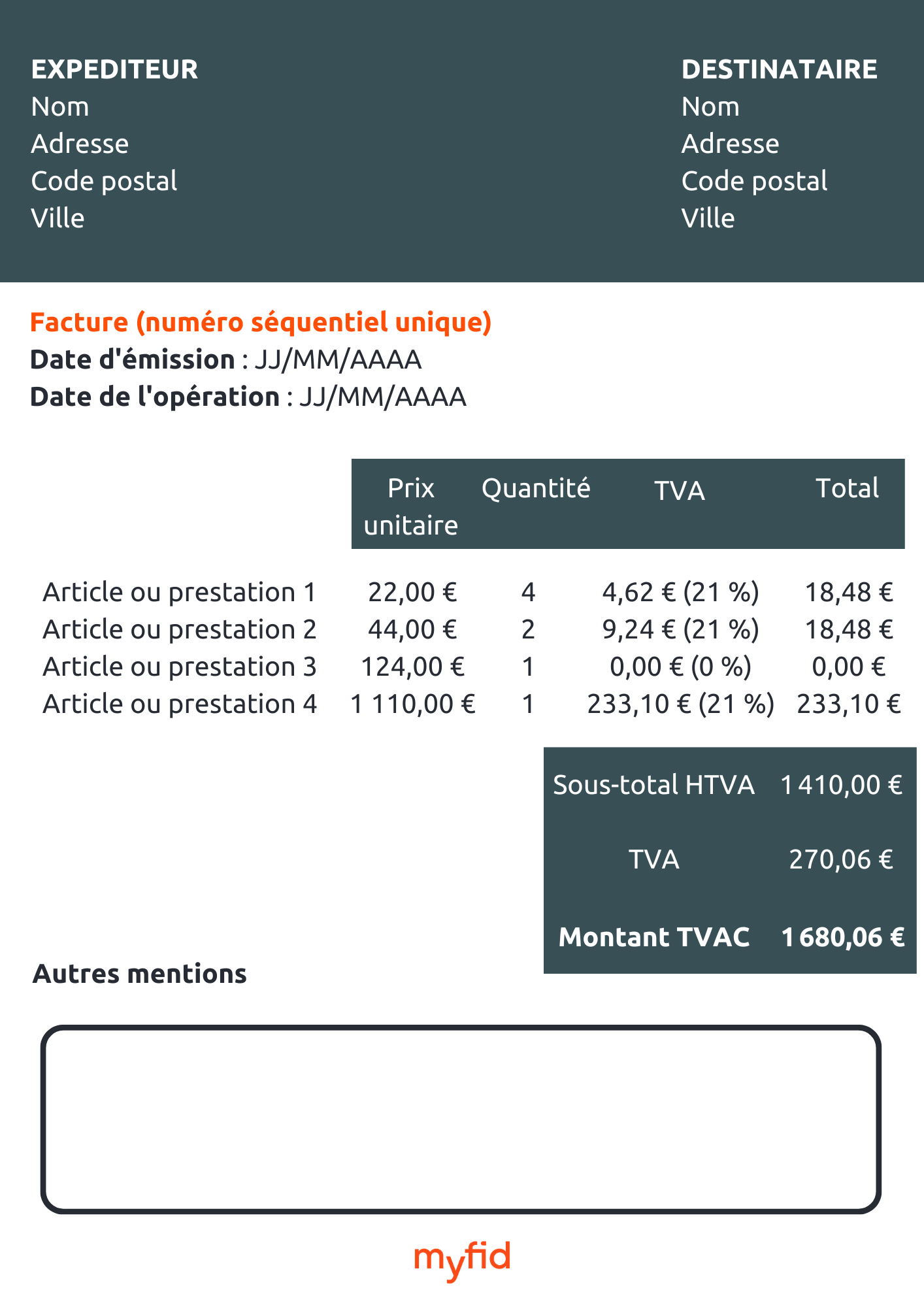 Modèle d'exemple de facture conforme en Belgique